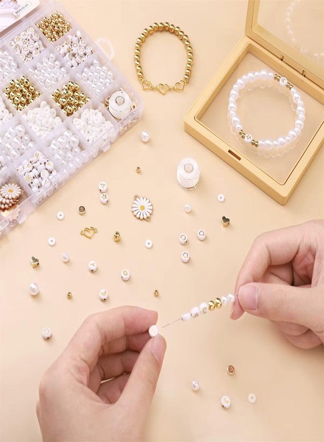 Guellix White Gold DIY Bracelet Kit Jewelry Making Set Beads Alphabet Pearl Golden Charms Elastic Thread Tools Storage Box for Girls Kids Women Art Craft Hobby Gift Set Golden White Article - Image 4